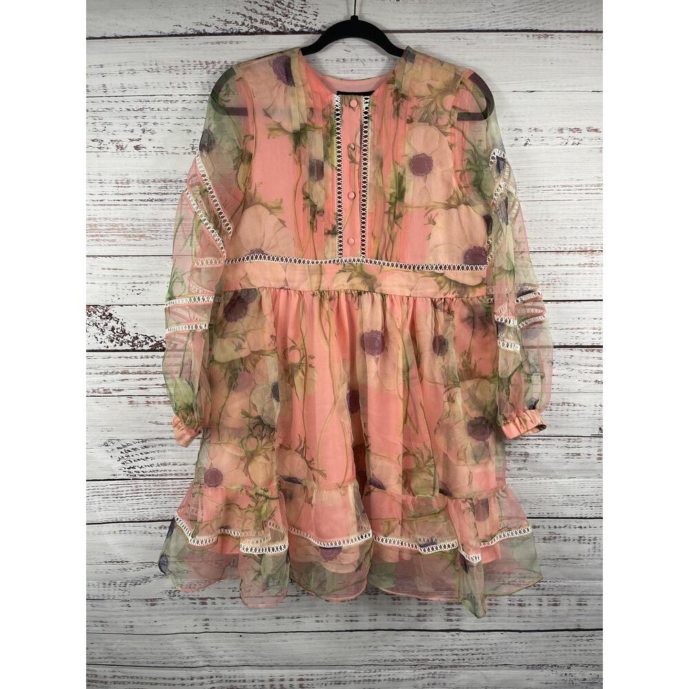 Cynthia Rowley Dress Womens XS Pink Floral Sheer Chiffon Ruffle Boho Long Sleeve - Picture 3 of 9